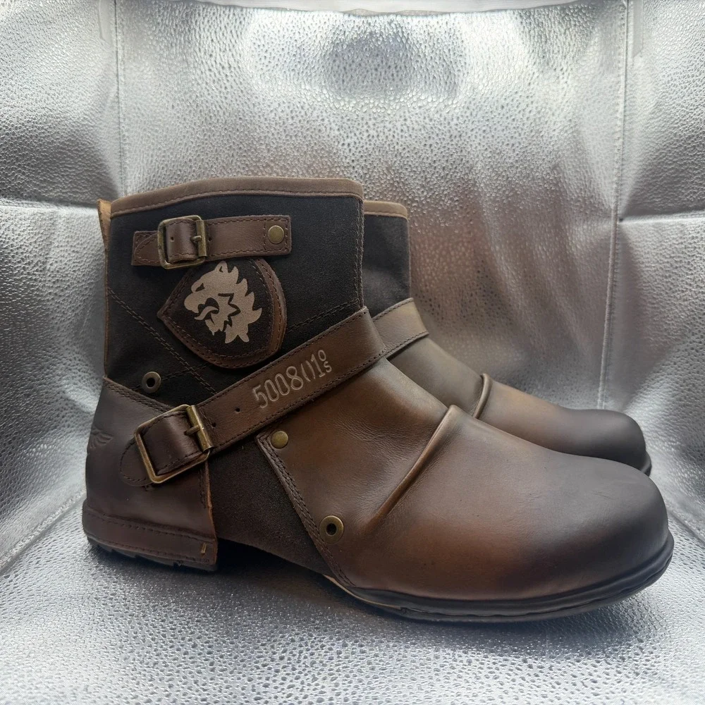 Size 11.5 Osstone Brown Mens Leather Round Toe Ankle Moto Chukka Boots 5008-1
